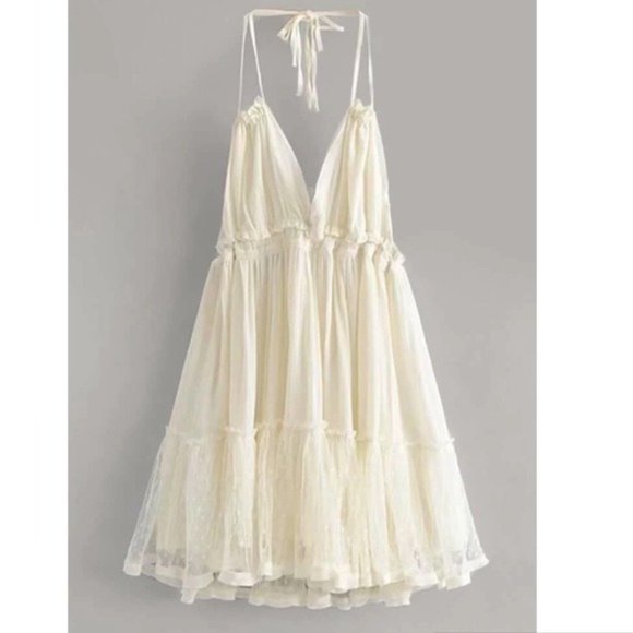 New Backless Boho Mini Dress Halter Tie Layered Swiss Dot Babydoll - Picture 3 of 12